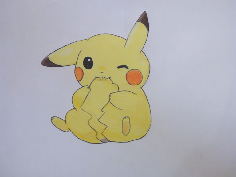 A drawing of Pikachu chewing his tail