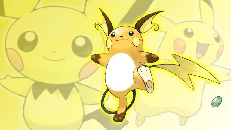 Raichu takes centre stage on a background of Pikachu and Pichu