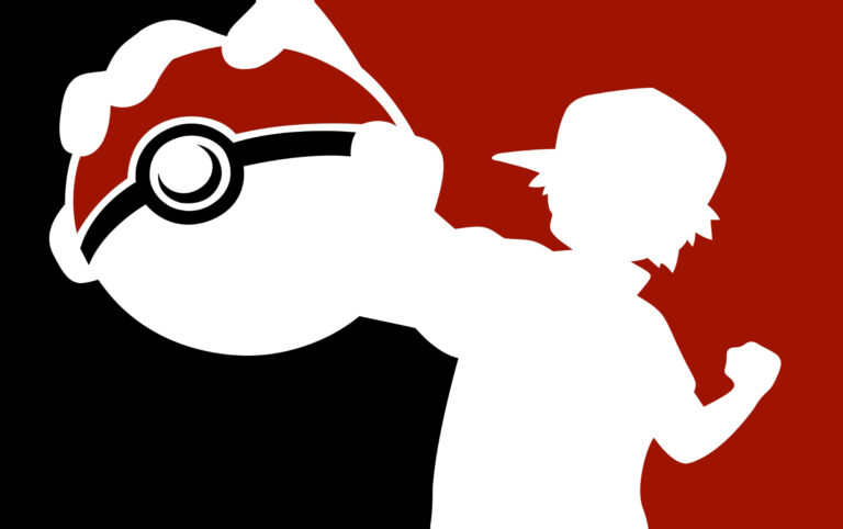 Silhouette of Pokémon Trainer (looks like Ash) holding a Poké Ball. Red/Black Wallpaper