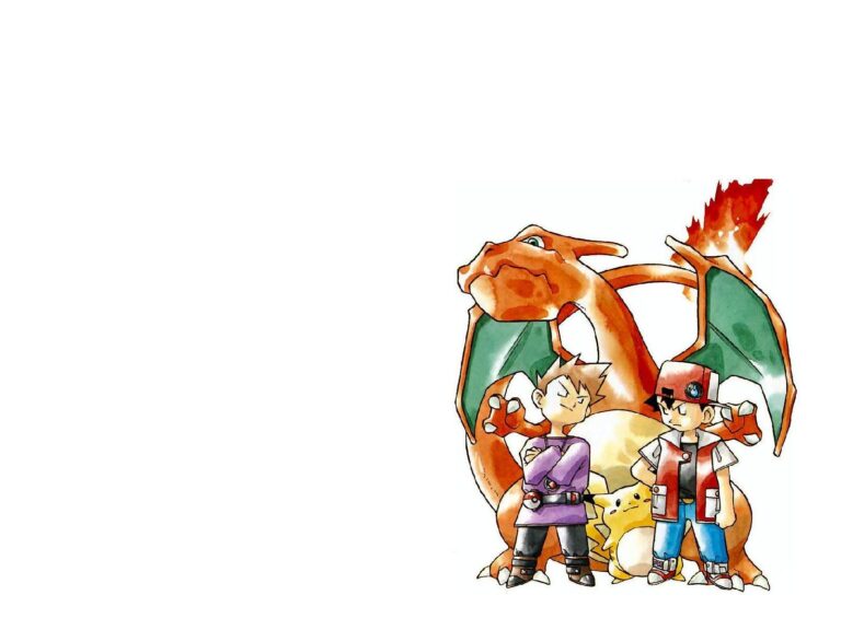 A wallpaper featuring Ash, Gary, Pikachu and Charizard.