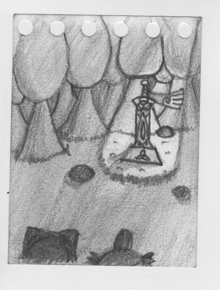 Concept Art: The sword of the forest. Iluikatl and Teyoatl find the old sword of the forest