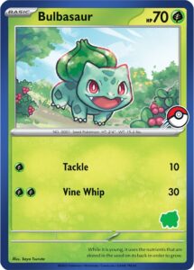 Bulbasaur — My First Battle · 2023 (Unnumbered card in the Bulbasaur Deck of the Pikachu & Bulbasaur beginner kit; also a blue-bordered 'First Pokémon' print with a Poké Ball mark.)