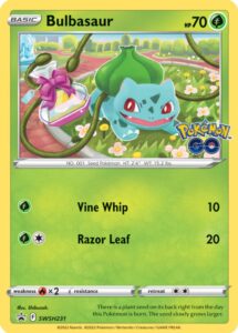Bulbasaur — SWSH Black Star Promos · SWSH231 · 2022 (New art of the Pokémon GO card, with Bulbasaur holding a Gift; from the Pokémon GO Pin Collection—Bulbasaur. Japan: S-P 287, Pokémon GO Promo Card Gift Campaign.)