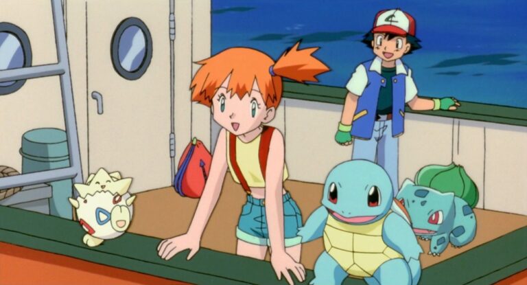 Ash, Misty and Togepi at sea with Squirtle and Bulbasaur in Pokémon the Movie 2000