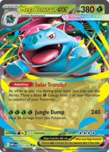 Mega Venusaur ex — Mega Evolution · 003/132 · 2025 (380 HP, tied for the highest of any tournament-legal card. Solar Transfer is Base Set's Energy Trans reborn, limited to basic Grass Energy.)