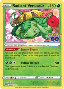 Radiant Venusaur — Pokémon GO · 004/078 · 2022 (A Shiny Venusaur that skips evolution altogether. Sunny Bloom refills your hand to four cards at the end of your turn.)