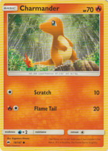 Charmander — Burning Shadows · 18/147 · 2017 (Also a Water Web holo in the Charizard-GX Premium Collection, four numbered copies in Battle Academy 2020's Charizard deck, and French McDonald's 2018 prints. In Japan it was reprinted in the Fire Charizard-GX starter deck and as a Pokémon Center-logo promo (SM-P 060).)