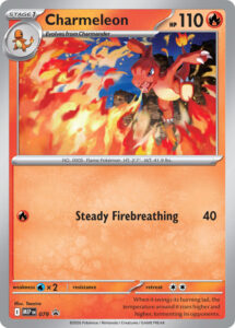 Charmeleon — MEP Black Star Promos · 079 · 2026 (The Phantasmal Flames card with new art by Teeziro, in Smooth Cosmos Holofoil, packed in the Chaos Rising Triple Pack Blister. In Japan it was one of seven cards in the second Pokémon Card Gym Promo Card Pack, printed with the Pokémon Card Gym logo.)