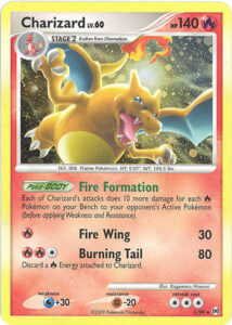 Charizard — Arceus · 1/99 · 2009 (Level 60. Fire Formation adds 10 damage for every Fire Pokémon on your Bench, so a full Bench turns Burning Tail's 80 into 130.)