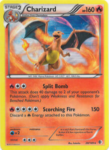 Charizard — Boundaries Crossed · 20/149 · 2012 (Split Bomb sprays 40 damage onto two of your opponent's Pokémon at once, while Scorching Fire hits for 150. Cosmos Holo copies came in the XY Two Pack Blisters (February 2014) and XY Kanto Two Pack Blisters (May 2015).)