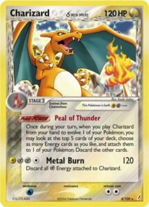Charizard δ — EX Crystal Guardians · 4/100 · 2006 (A Delta Species Charizard that's Lightning and Metal instead of Fire. When you evolve into it, Peal of Thunder searches the top five cards of your deck for Energy to attach, and Metal Burn hits for 120.)