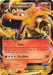 Charizard-EX — Flashfire · 11/106 · 2014 (Stoke can search out three basic Energy from your deck on a lucky coin flip, fuel for a 120-damage Fire Blast. In Japan the same card was a Gym Leader Challenge promo (075/XY-P) at Pokémon Centers in August 2014, and a jumbo copy came in the Charizard-EX Box—Fire Blast (October 2016).)