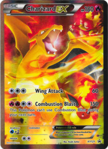Charizard-EX — XY Black Star Promos · XY121 · 2016 (Full Art promo from the XY BREAK Charizard-EX Red & Blue Collection, with Magmar and Flareon in the background; European collections added a jumbo copy. Japan printed the same art as an SR in Expansion Pack 20th Anniversary.)