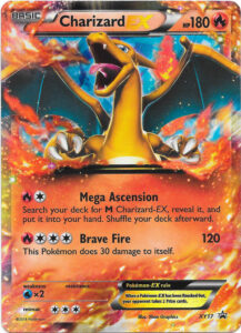 Charizard-EX — XY Black Star Promos · XY17 · 2014 (From the XY Charizard-EX Box, in regular and jumbo sizes. Mega Ascension searches your deck for M Charizard-EX. Unusually for a Pokémon-EX, the English card has a matte finish. In Japan it came free with the March 2014 issue of CoroCoro Comic, with the magazine's dragon mascot watermarked behind the attack text.)