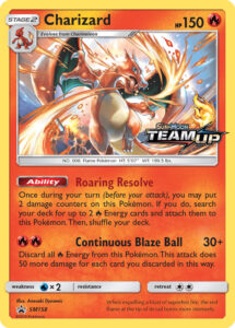 Charizard — SM Black Star Promos · SM158 · 2019 (Team Up prerelease promo with new art, also in the Team Up Build & Battle Box; event staff got gold 'Staff' stamped copies.)
