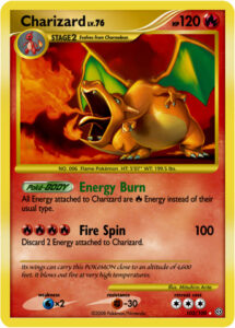 Charizard — Stormfront · 103/100 · 2008 (A secret rare remake of the Base Set card, with Arita redrawing his own classic painting. Energy Burn and Fire Spin return, though Energy Burn is now an always-on Poké-Body.)