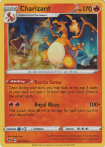 Charizard — Vivid Voltage · 025/185 · 2020 (Leon's partner, with Leon in the art: Royal Blaze adds 50 damage for each Leon card in your discard pile. Non-holo outside Asia; a Cracked Ice holo was exclusive to the Charizard Theme Deck.)