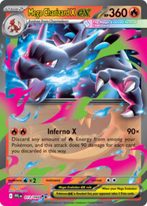 Mega Charizard X ex — Phantasmal Flames · 013/094 · 2025 (The first Mega Charizard X ex. Inferno X lets you discard as many Fire Energy from your Pokémon as you like, for 90 damage each. Inferno X is also the name of the Japanese set.)