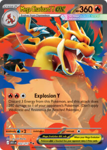Mega Charizard Y ex — Ascended Heroes · 022/217 · 2026 (Explosion Y throws 280 damage at any one of your opponent's Pokémon, Bench included, for three Energy.)