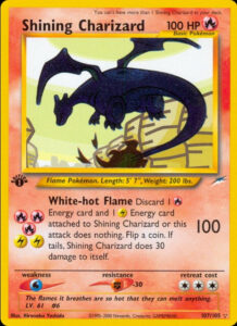 Shining Charizard — Neo Destiny · 107/105 · 2002 (Level 61. A secret card showing the black Shiny Charizard, played straight onto the Bench as a Basic and given the Shining cards' glossy metallic finish. White-hot Flame hits for 100 but needs Fire and Lightning Energy, and a tails flip scorches Charizard for 30. Printed as 1st Edition and Unlimited.)