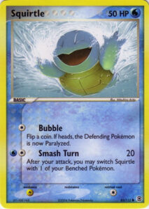 Squirtle — EX FireRed & LeafGreen · 83/112 · 2004 (Arita calls this one of his favourite illustrations; the idea came from an old rock album sleeve, Nirvana's Nevermind. Smash Turn hits and then lets Squirtle swap out to the Bench.)