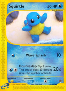 Squirtle — Expedition Base Set · 131/165 · 2002 (e-Reader card (A-17) whose long dot-code strip holds pattern data for the Construction: Melody Box. Doubleslap flips two coins for 20 damage per heads.)