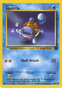 Squirtle — Team Rocket · 68/82 · 2000 (Level 16. A no-frills card with a single attack: Shell Attack for 20, paid with any two Energy. Printed as 1st Edition and Unlimited.)