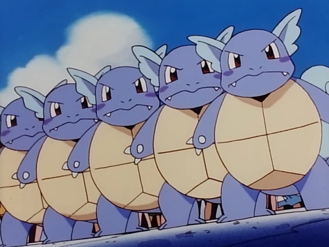 Animation slip: Team Wartortle's leader briefly loses its yellow bandana