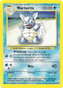 Wartortle — Base Set · 42/102 · 1999 (Level 22. Withdraw blocks all damage for a turn on heads, and Bite hits for 40. Printed as 1st Edition, Shadowless and Unlimited. A short Unlimited run shows Wartortle itself in the evolution box instead of Squirtle, and an early red-bordered version turned up in the prototype Trainer Deck B. Two copies sit in the Blackout theme deck.)