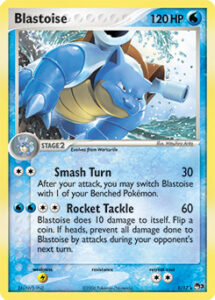 Blastoise — POP Series 3 · 1/17 · 2006 (Smash Turn lets Blastoise hit and then dive back to the Bench, and Rocket Tackle returns from Dark Blastoise. In Japan it was a CoroCoro Comic insert (March 2004 issue, out on 16 February 2004); a Cosmos Holo version came in the EX Series Crystal Trainer Set in September 2006.)