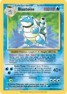 Blastoise — Pokémon Trading Card Game Classic (Blastoise & Suicune ex Deck) · 003/034 · 2023 (Holofoil reprint of the Base Set art with modern wording (Rain Dance now attaches basic Water Energy from your hand), in the deck that bears its name. It has no regulation mark and isn't tournament-legal.)