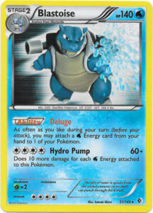 Blastoise — Boundaries Crossed · 31/149 · 2012 (Deluge reloads the classic engine: attach as many Water Energy from your hand as you like, every turn. Non-holo copies came in the Ice Shock Theme Deck and Battle Arena Decks: Rayquaza vs. Keldeo.)