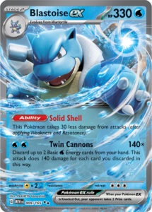 Blastoise ex — 151 · 009/165 · 2023 (Twin Cannons discards up to two basic Water Energy from your hand for 140 damage each, and Solid Shell cuts 30 off incoming attacks. A jumbo copy came in the 151 Blooming Waters Premium Collection (7 February 2025).)