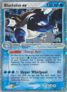 Blastoise ex — EX FireRed & LeafGreen · 104/112 · 2004 (Blastoise's first Pokémon-ex. Energy Rain is Rain Dance retrained: attach as many Water Energy from your hand as you like, at the price of a damage counter each. Hyper Whirlpool flips coins until tails and strips an Energy from the Defending Pokémon for every heads.)