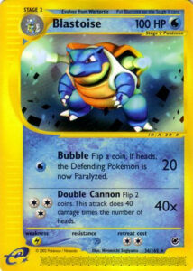 Blastoise — Expedition Base Set · 36/165 · 2002 (e-Reader card. Bubble can paralyse and Double Cannon flips two coins for 40 each. It was one of seven test cards Wizards of the Coast printed before the set's release, with 'For Position Only' across the art. In Japan it was also a Cosmos Holo promo (013/P) in the Starter Triple Get Campaign 'Red Green Course' (December 2001 to April 2002), alongside Venusaur and Charizard.)
