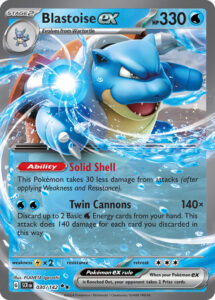 Blastoise ex — Stellar Crown · 030/142 · 2024 (The 151 card text with brand-new art, first made for Japan's Venusaur & Charizard & Blastoise Special Deck Set ex. Stellar Crown-stamped copies came in the Venusaur ex & Blastoise ex Premium Collection (9 August 2025).)