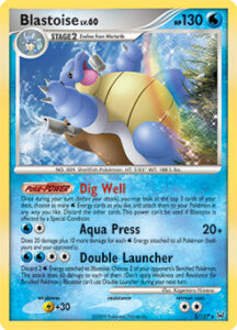 Blastoise — Platinum · 2/127 · 2009 (Level 60. Dig Well digs through the top three cards of your deck for Water Energy, and Double Launcher fires 60 damage into two of your opponent's Benched Pokémon at once.)