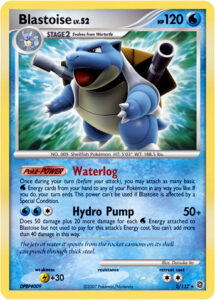 Blastoise — Secret Wonders · 2/132 · 2007 (Level 52. Waterlog is a tamer Rain Dance: pour any number of basic Water Energy from your hand onto your Pokémon, but your turn ends straight away.)