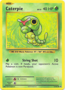 Caterpie — Evolutions · 3/108 · 2016 (A 20th-anniversary remake of the Base Set card: the same art, HP and attack in a retro-style frame with modern wording.)