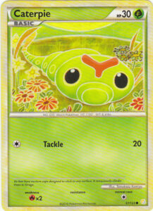 Caterpie — HeartGold & SoulSilver · 57/123 · 2010 (At 30 HP, the most fragile Caterpie ever printed.)