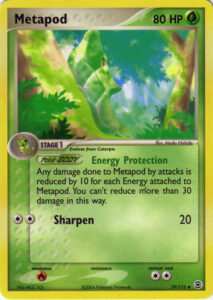 Metapod — EX FireRed & LeafGreen · 39/112 · 2004 (The first 80 HP Metapod. Energy Protection cuts the damage it takes by 10 for every Energy attached, up to 30; Sharpen hits for 20.)