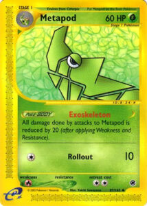 Metapod — Expedition Base Set · 87/165 · 2002 (The Exoskeleton Poké-Body takes 20 off every attack that hits it; Rollout does 10. An e-Reader card: its dot code holds part of the Flower Power mini-game, played by scanning it with two other Expedition cards.)