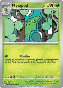 Metapod — Journey Together · 002/159 · 2025 (Metapod used Harden! It is the only attack on the card, and it blocks any attack doing 60 damage or less for a turn.)