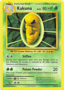 Kakuna — Evolutions · 6/108 · 2016 (Keiji Kinebuchi's Base Set art returns in the retro-styled 20th-anniversary set with modern rules: Stiffen now takes 40 off each hit instead of relying on a coin, and Poison Powder still Poisons on heads. Three copies are in the Pikachu Power theme deck.)