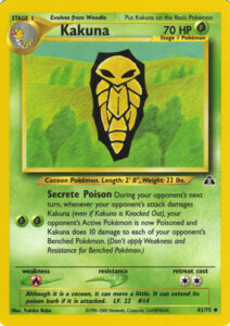 Kakuna — Neo Discovery · 41/75 · 2001 (Level 22. Secrete Poison sets a trap: if the opponent's next attack damages Kakuna, even with a knockout blow, their Active Pokémon is Poisoned and Kakuna does 10 damage to each of their Benched Pokémon. A printing slip gives it a ©1995-2000 copyright line, where the rest of the set reads 1995-2001. Also printed as 1st Edition.)