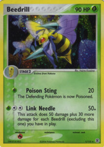 Beedrill — EX FireRed & LeafGreen · 1/112 · 2004 (Card No. 1 of the set. Poison Sting always Poisons, and Link Needle adds 30 damage for every other Beedrill you have in play, so a full swarm hurts.)