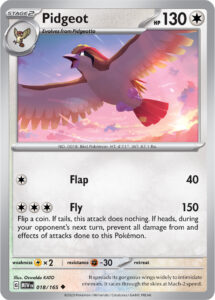 Pidgeot — 151 · 018/165 · 2023 (Flap hits for 40. Fly does 150 on heads and keeps Pidgeot safe from attacks through your opponent's next turn, but does nothing on tails.)