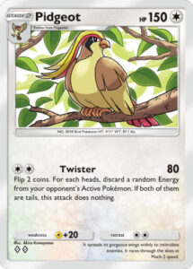 Pidgeot — Mega Rising · 182/226 · 2025 (Reuses Akira Komayama's art from Team Up 124/181. Twister hits for 80 and flips two coins, discarding a random Energy from your opponent's Active Pokémon for each heads; two tails and it does nothing.)