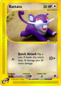 Rattata — Expedition Base Set · 128/165 · 2002 (An e-Reader card whose long dot-code strip holds a tune for the Construction: Melody Box. Quick Attack hits for 10, plus 20 more on heads.)