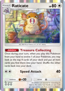 Raticate — Ruler of the Skies · 130/155 · 2026 (When it evolves from your hand, Treasure Collecting looks at the top 4 cards of your deck and puts every Item card there into your hand. Speed Attack hits for 40. Reuses sowsow's art from Scarlet & Violet—151.)